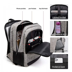 Grå rejse-rygsæk til bærbar computer med USB-opladningsport vandtæt 15,6-tommer college-computertaske til mænd og kvinder