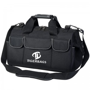 Tool bag nga adunay waterproof soft bottom multi-pocket wide mouth tool handbag nga adunay secure reflective tape