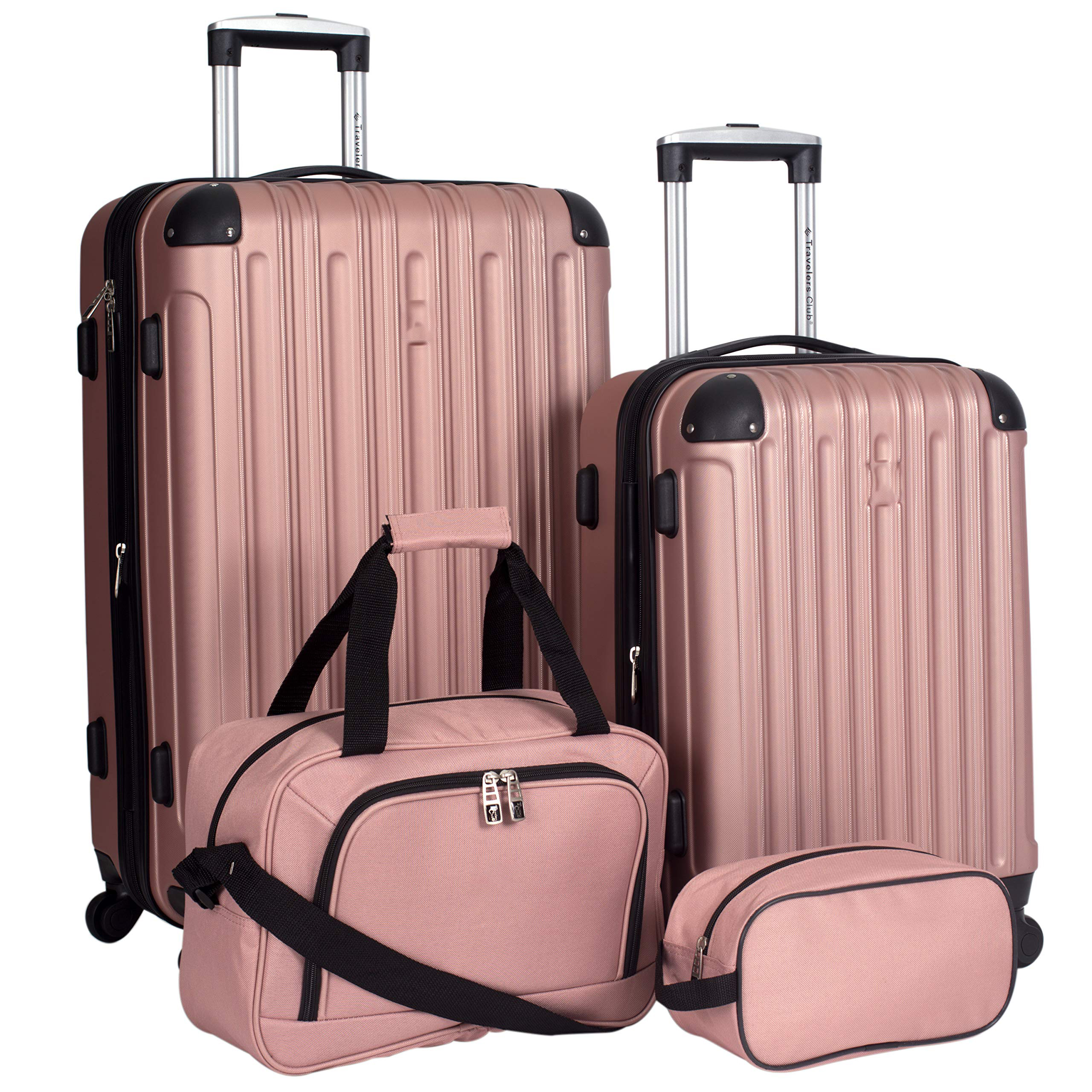 Z zestawem walizek na kółkach z walizką w kolorze różowego złota i innymi kolorami