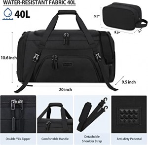 Gym Duffle Bag for Women Men 40L Waterproof Sports Bags Travel Duffle Bags with Shoe Compartment, Wet Pocket Large Weekend Overnight Bag with Toiletry Bags, ສີດໍາ