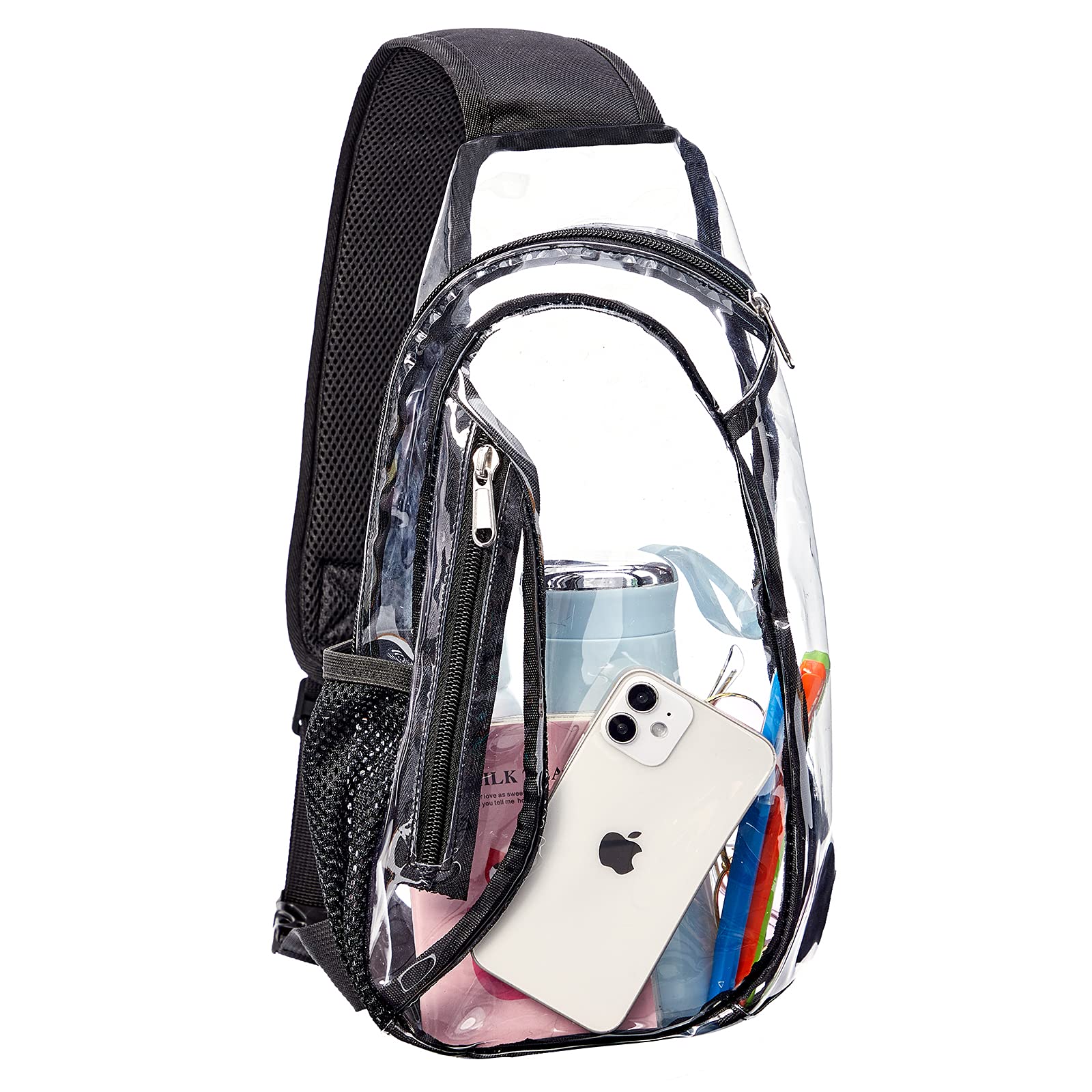 अनौपचारिक वापरासाठी पारदर्शक पट्ट्यांसह PVC खांद्याची पिशवी आणि छातीची पिशवी