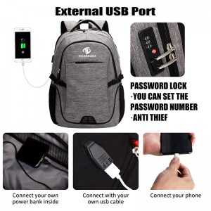 Grauer Laptop-Rucksack, Reiserucksack mit USB-Ladeanschluss, College-Rucksack