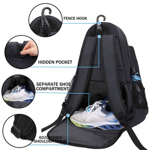 Black Polyester tennis bag Tennis Backpack Malaking sukat na tennis bag