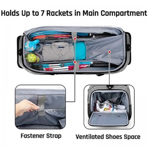 Tennisereketi kott võib olla suure mahutavusega koos iseseisva ventileeritava jalatsiruumiga