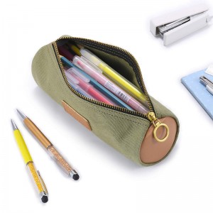 Dayanıklı pirinç fermuarlı, uyumlu renk tasarımına sahip basit kanvas kalem çantası – Yeşil