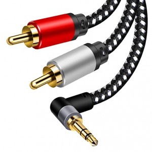 ខ្សែ Aux 3.5mm, 90° RCA Audio Cable, 3.5mm to 2-Male RCA Stereo Splitter Cable 1/8″ មុំខាងស្តាំ TRS ទៅ RCA Straight Plug Audio Auxiliary Cord, Hi-Fi Sound, Nylon Braided (3.3ft/1m)