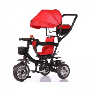 Tricicletă 4 în 1 cu sistem de direcție cu bară de împingere reglabilă tricicletă pentru copii cu copertina detașabilă, clopoțel, anvelope din cauciuc, scaun confortabil