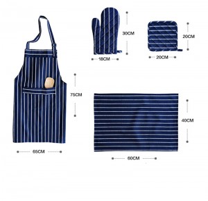 Custom Reusable Navy Stripes Cotton Aprons Napkin Women Kitchen Cooking Apron Set
