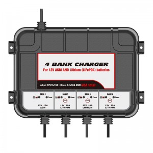 10X4, 4-bank, 40-Amp (10-A per bank) helautomatisk smart marinlader, LifePO4-batterilader