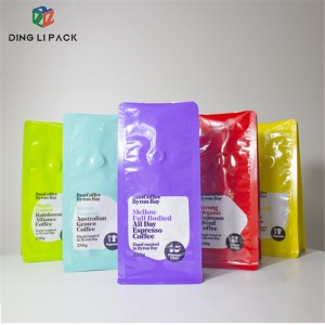 Custom Printed Coffee Packaging 8 Side Seal Flat Bottom Zipper Bag with Valve for Coffee Beans/Powder