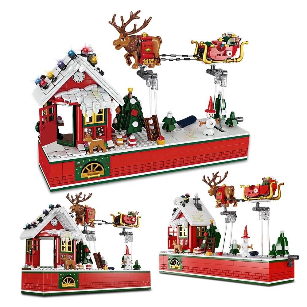 940 stücke Weihnachtshaus Spielzeug Bausteine ​​Weihnachtsmann Schaukel Rentier Wind Up Übertragung DIY Ziegel Spielzeug für Kinder Weihnachten