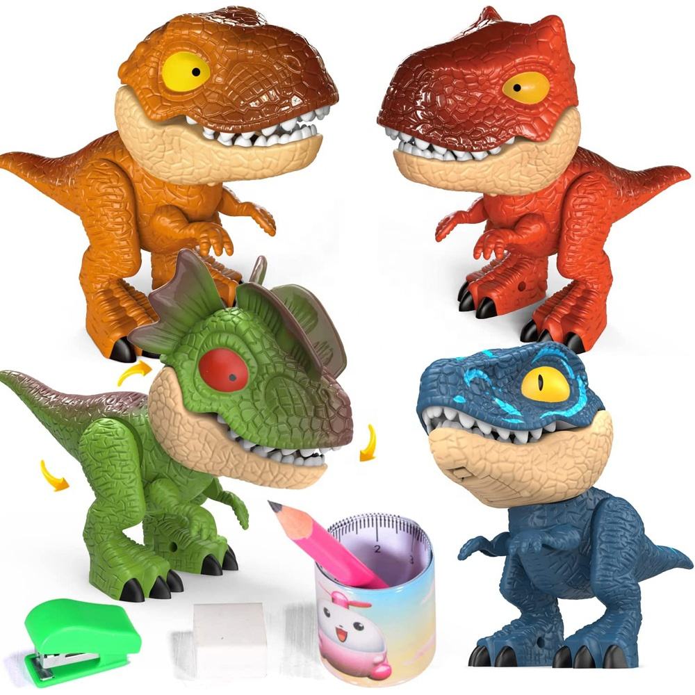 Mainan Dinosaurus 5 in 1 Set Alat Tulis Dinosaurus dengan Penghapus Pensil Rautan Stapler Penggaris Fleksibel Anak-anak Belajar Alat Tulis Sekolah