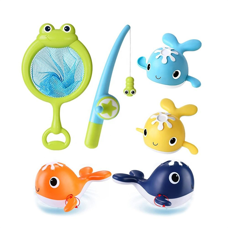 Магнет играчки за риболов за капење за бебиња, играчки за пливање китови во када, играчки за водена када, со рибарски столб и мрежа за мали деца
