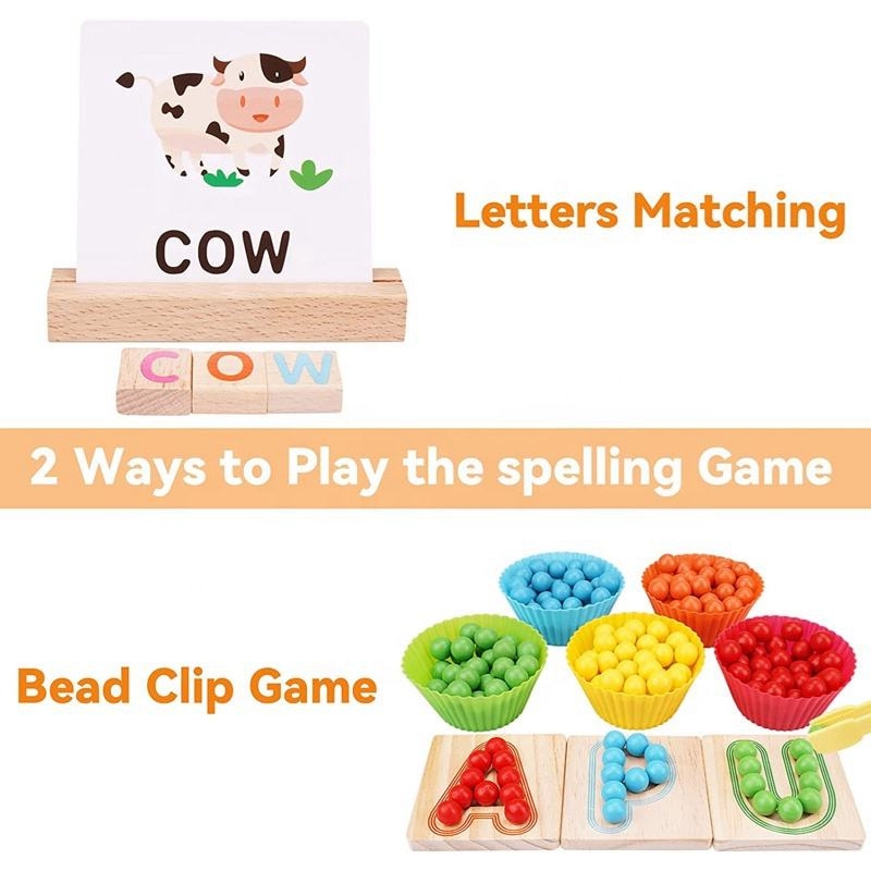 Koka vārdu kognitīvi burti bloki saskanīgi klipsi krelles pareizrakstības spēle ar mirgojošām kartēm bērniem Montesori mācību koka rotaļlieta