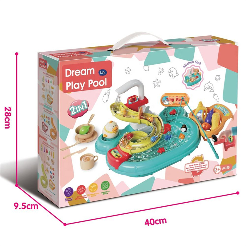 Kids track water park fishing toy kitchen electric faucet washing pool toy automatic running water sink toy for play house set