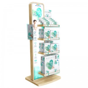 Supermarket Floor Wood Texture Baby Diaper Displays Stands With Brochure Holders And Light Box