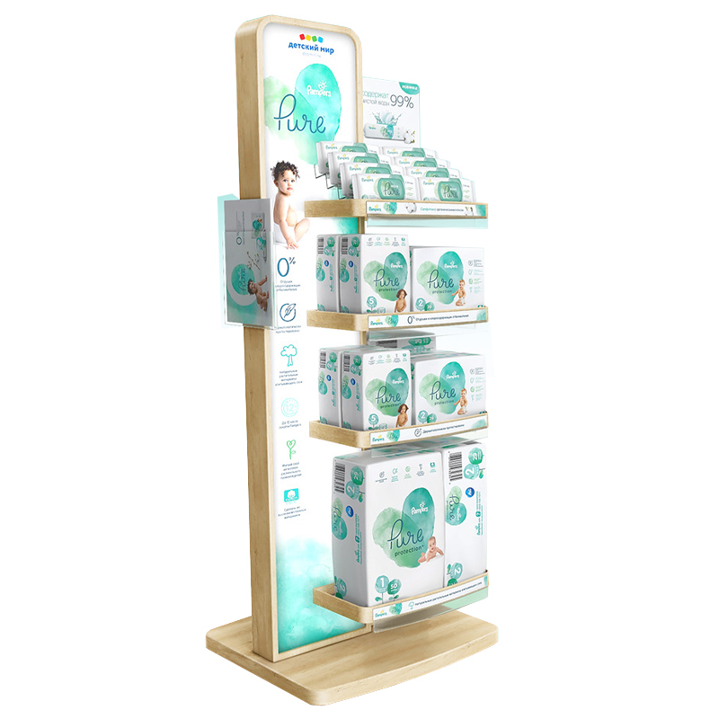 Sàn siêu thị Kết cấu gỗ Hiển thị tã trẻ em Giá đỡ với người giữ tài liệu quảng cáo và hộp đèn