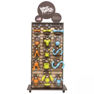 Двустранни стойки за продукти за играчки за домашни любимци с дървени летви с куки и шкафчета
