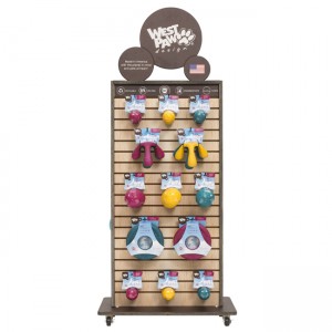 ໄມ້ Slatwall Double Sided Pet Toy Product Display Stands with Hooks and lockers