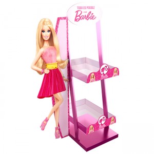 Drevená detská polička na vystavenie hračiek pre bábiku Barbie s 2 akrylovými policami a PVC grafikou