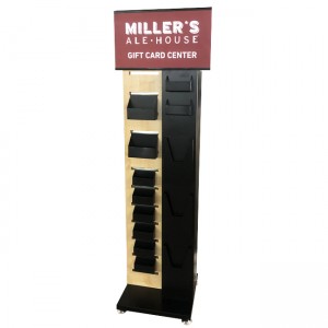 MILLER'S Gift Shop Estante de tarxeta de felicitación de dobre cara de metal e madeira para mostrador de mostrador con soportes e armario