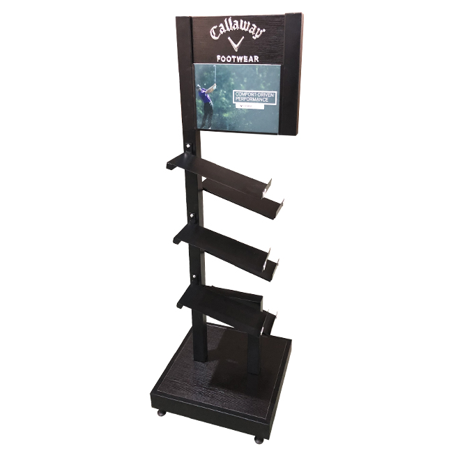 CL009 Customized Metal Tube And Wood Golf Shoe Shelving Retail Display Rack With PVC Graphics
