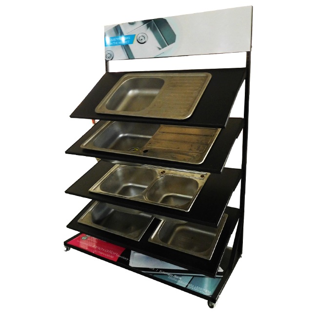 Keɓantaccen Retail Wash Wash Basin Metal Da Melamine Board Black Color 4 Shelving Rack