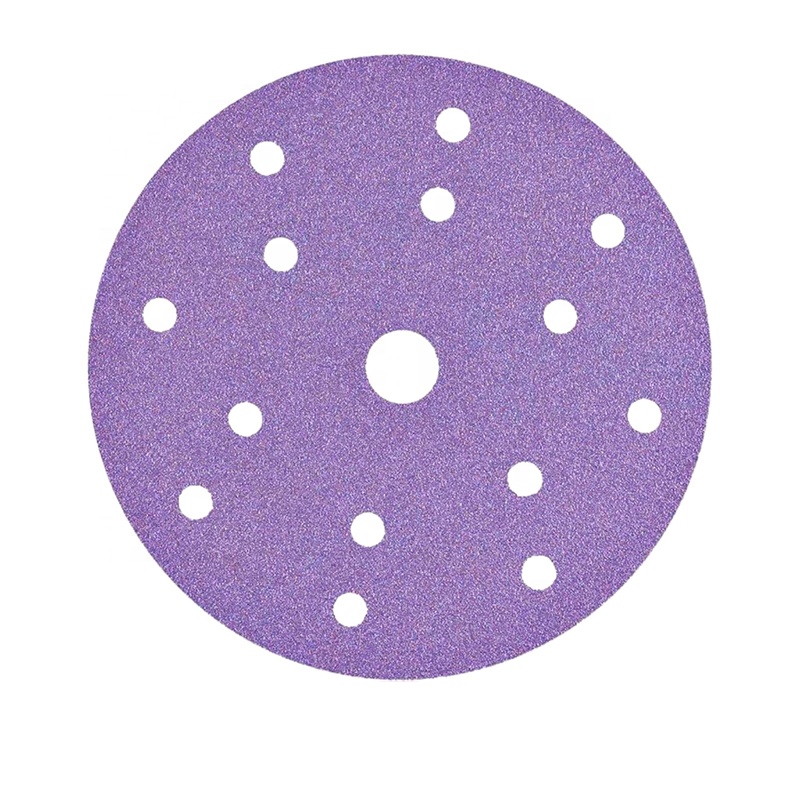 Discos de lijado de papel de lija de cerámica púrpura, redondos, abrasivos, con gancho y bucle de 5 pulgadas, que no obstruyen