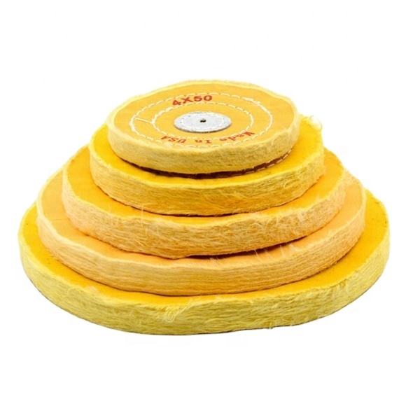 Geltonas medvilninis poliravimo ratas, colio 4/5/6 colio 12/50 sluoksnių su dygsnio skustuvo kraštais