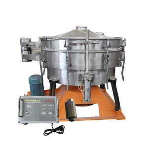 Tumbler swing sieve with ultrasonic mesh cleaning system for sifting powders down to 10um