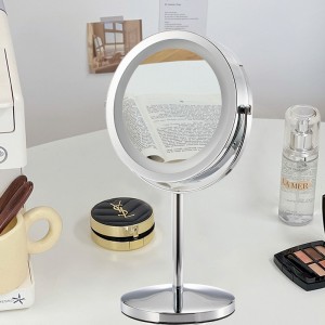 Led rund 7-tums kosmetisk spegel dubbelsidig 360-graders rotation Anpassad logotyp Järn Chrome Bordsspegel spegelfäste