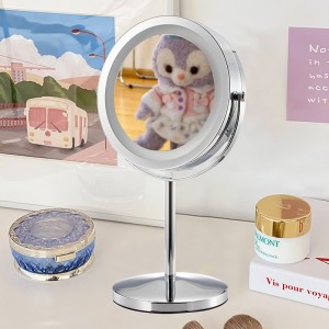Led redondo 7-Polegada espelho cosmético dupla face rotação de 360 ​​graus logotipo personalizado ferro cromo mesa espelho suporte