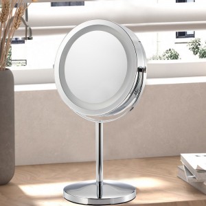 Pasqyrë kozmetike LED e rrumbullakët 7 inç me rrotullim të dyanshëm 360 gradë Logo e personalizuar Kllapë pasqyre tavoline me krom me hekur