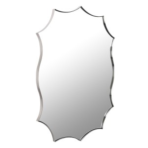 Een spiegel met metalen frame in de vorm van een zonnebloem met een bijzondere onregelmatige vorm, handgemaakt en geschikt voor gebruik in badkamers, woonkamers