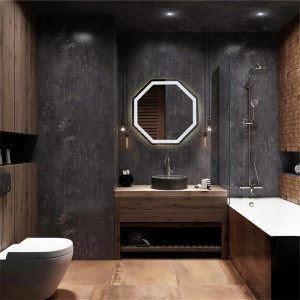 Vairumtirdzniecība pielāgots astoņstūra skārienjūtīgais apgaismojums vannas istabai, inteliģents LED spogulis bez rāmja