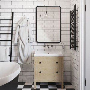 Rechteckiger Badezimmerspiegel mit abgerundeten Ecken und quadratischem Rohr