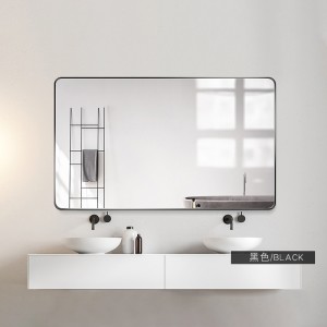Obdĺžnikové zrkadlo do kúpeľne so zaobleným hliníkovým rámom, zavesené horizontálne aj vertikálne