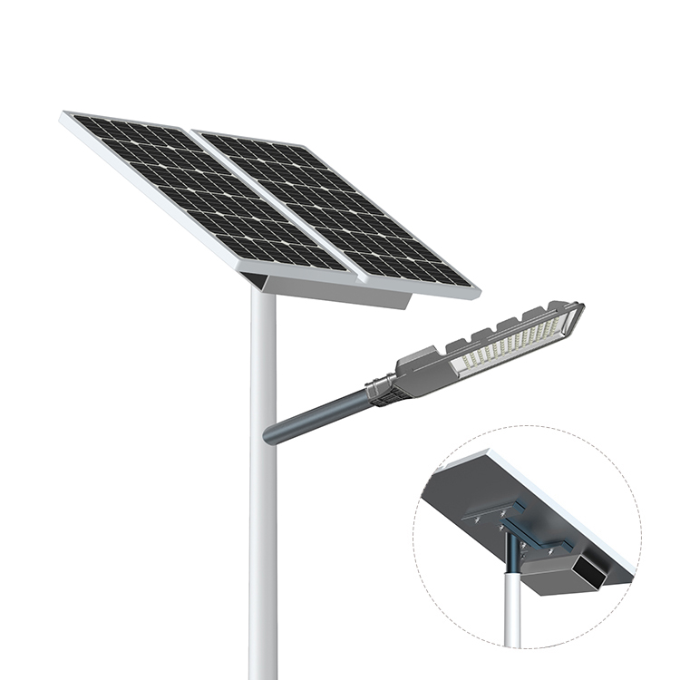چراغ خیابانی خورشیدی باتری لیتیوم خارجی LiFePo4 در زیر پنل خورشیدی تصویر ویژه