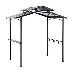 Grill Gazebo Shelter with Interlaced Vented Polycarbonate Roof, Outdoor BBQ Gazebo with Side Shelves for Hanging Tools