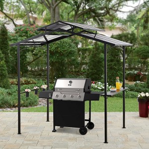 Grill Gazebo Shelter with Interlaced Vented Polycarbonate Roof, Outdoor BBQ Gazebo with Side Shelves for Hanging Tools