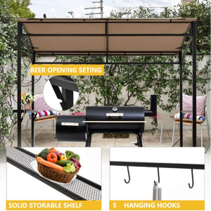 Grill Gazebo, Patio Barbecue Canopy with Serving Shelf and Storage Hooks, Curved Grill Shelter w/ Heavy-Duty Steel Frame Sunshade Awning for Outdoor Garden