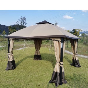 10ft *12ft Outdoor Double Vents Gazebo Tent for 4-6 Persons, Patio Metal Canopy with Screen and LED Lights for Backyard, Poolside, Brown