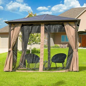 10′x10′ Patio Gazebo Canopy Iron Hardtop Gazebos with Mosquito Net and Curtains, Outdoor Gazebos with Aluminum Frame for Garden, Courtyard, Lawn