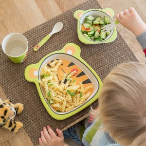 5 PC Kids Toddler Dinnerware Sets Bamboo Toddlers Dishes Set Kids Feeding Plate and Bowls Sets with Sunction and Utensil Flatware Durable & BPA Free