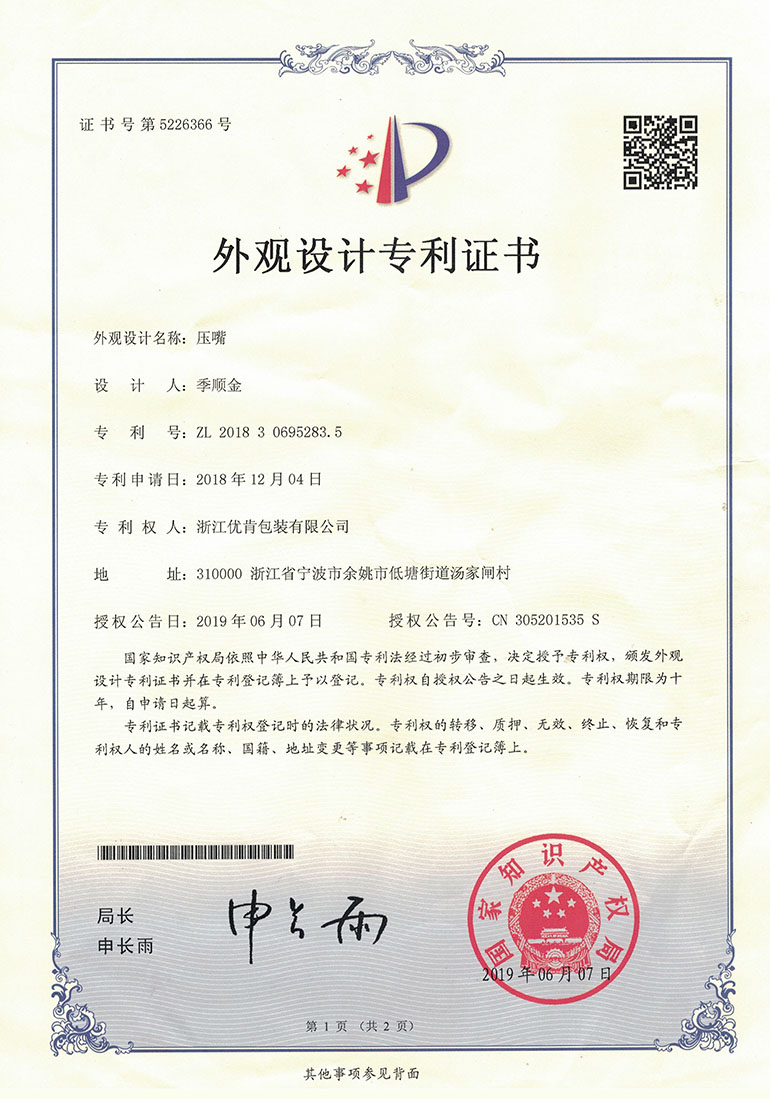 Design patent certificate