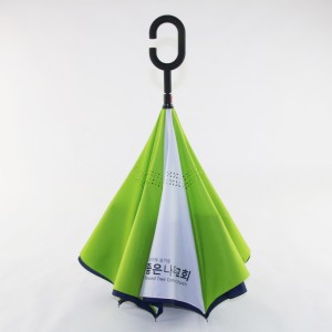 Kampanje tilpasset logo trykt dobbeltlags omvendt bilparaply med C-formet håndtak