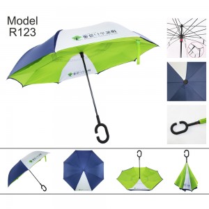 Promóciós egyedi logóval nyomtatott kétrétegű fordított autós esernyő C-alakú fogantyúval