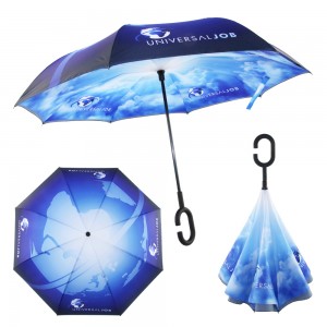Promotion Custom Logo painettu kaksikerroksinen käänteinen auton sateenvarjo C-muotoisella kahvalla
