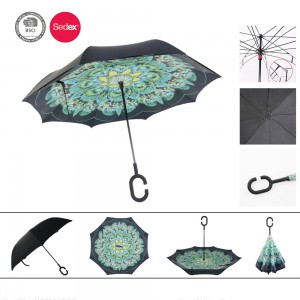 پروموشن حسب ضرورت لوگو پرنٹ شدہ ڈبل پرت الٹی کار ریورس چھتری سی کے سائز کے ہینڈل کے ساتھ