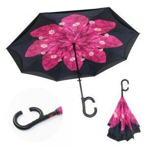 Wholesale Custom Logo Printed Auto Open Double Layer Inverted Car Reverse Umbrella with C-Shaped Handle